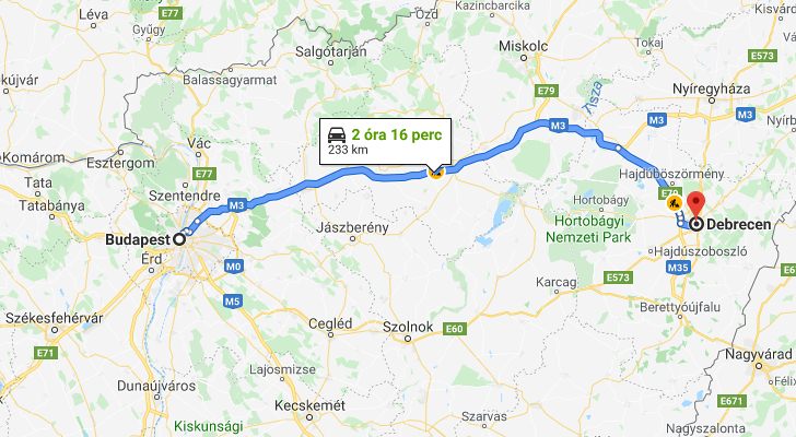 Debrecen Budapest távolsága térképen autós úton