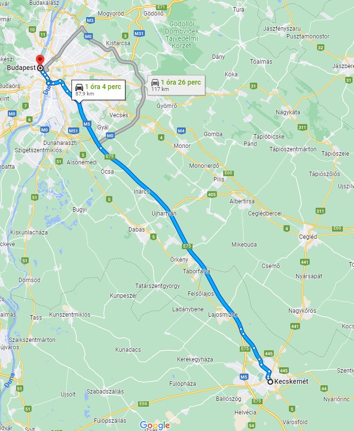 Kecskemét Budapest távolsága térképen autós úton