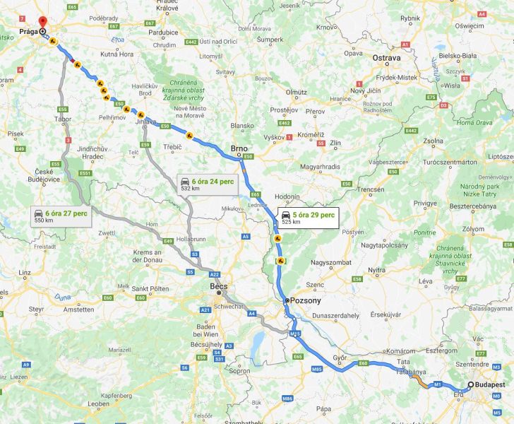 Prága Budapest távolság térképe autóval