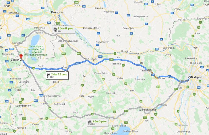 Sopron Budapest távolsága térképen autós úton