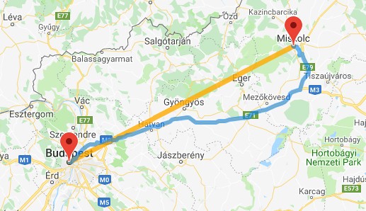 Budapest távolsága útvonaltervezővel térképen és a távolságuk légvonalban